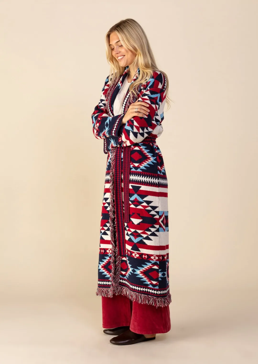 Lång jacquardstickad cardigan