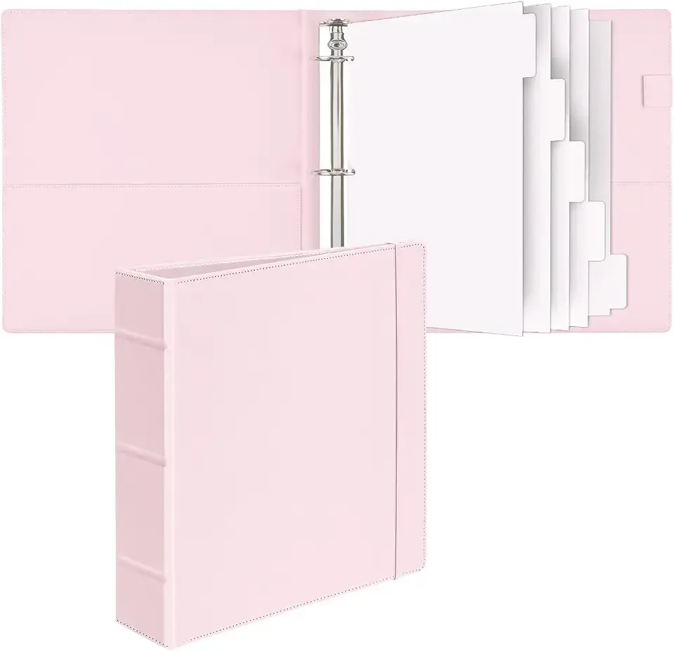 Vintage Hardcover 1.5 inch Ring Leather Binder, 2 inch Spine, Professional Organizer, Letter Size Dividers with Tabs, Faux Rose Pink Leather