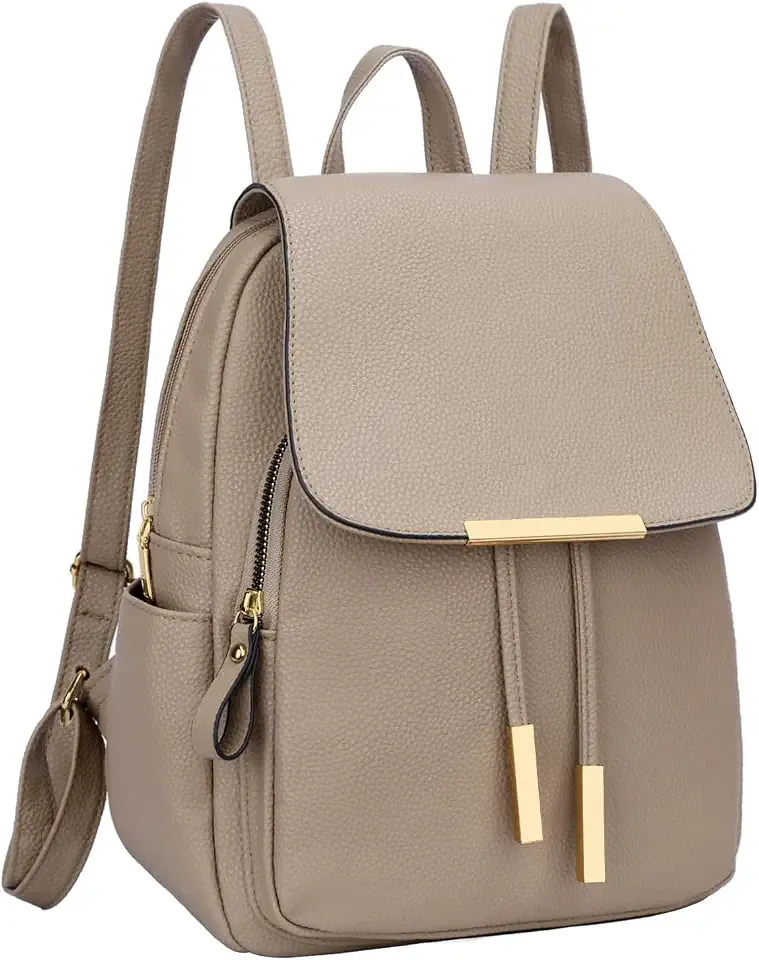 Women’s Stylish Leather Backpack Purse – Lightweight Travel Backpack with Multiple Pockets, Lychee Grain PU Leather, Gold Hardware (A-Khaki, 10x12x4.5 Inches)