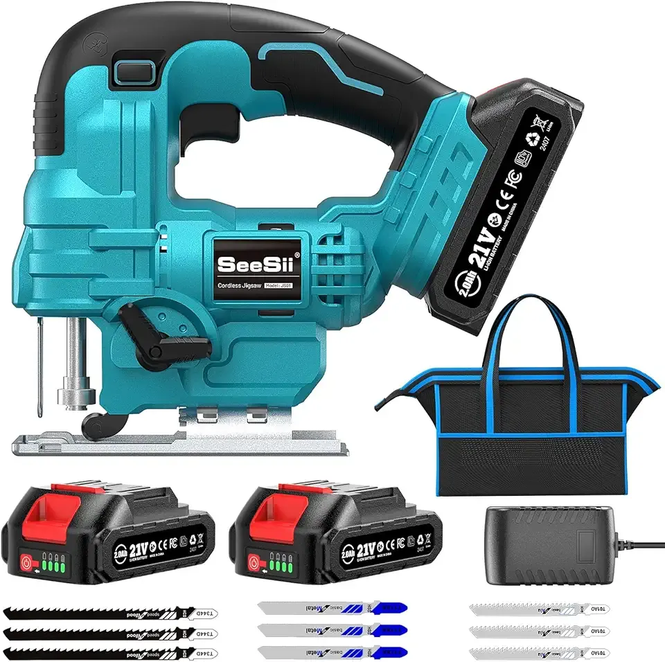 SEESII Cordless Jig Saw 21V, Electric Jigsaw Tool with 2× 2.0Ah Batteries, 2800RPM Variable Speed for Wood Cutting, 0°-45° Bevel Cuts, LED Light, 4 Orbital Settings for Straight/Curve/Circle Cutting
