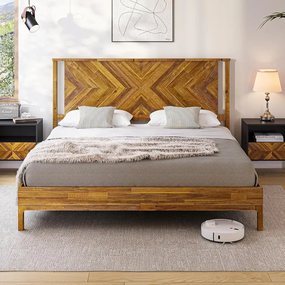 Vivian 14 Inch Deluxe Bed Frame with Headboard, Rustic & Scandinavian Style with Solid Acacia Wood, No Box Spring Needed, 12 Strong Wood Slat Support, Easy Assembly, King, Rustic Golden Brown