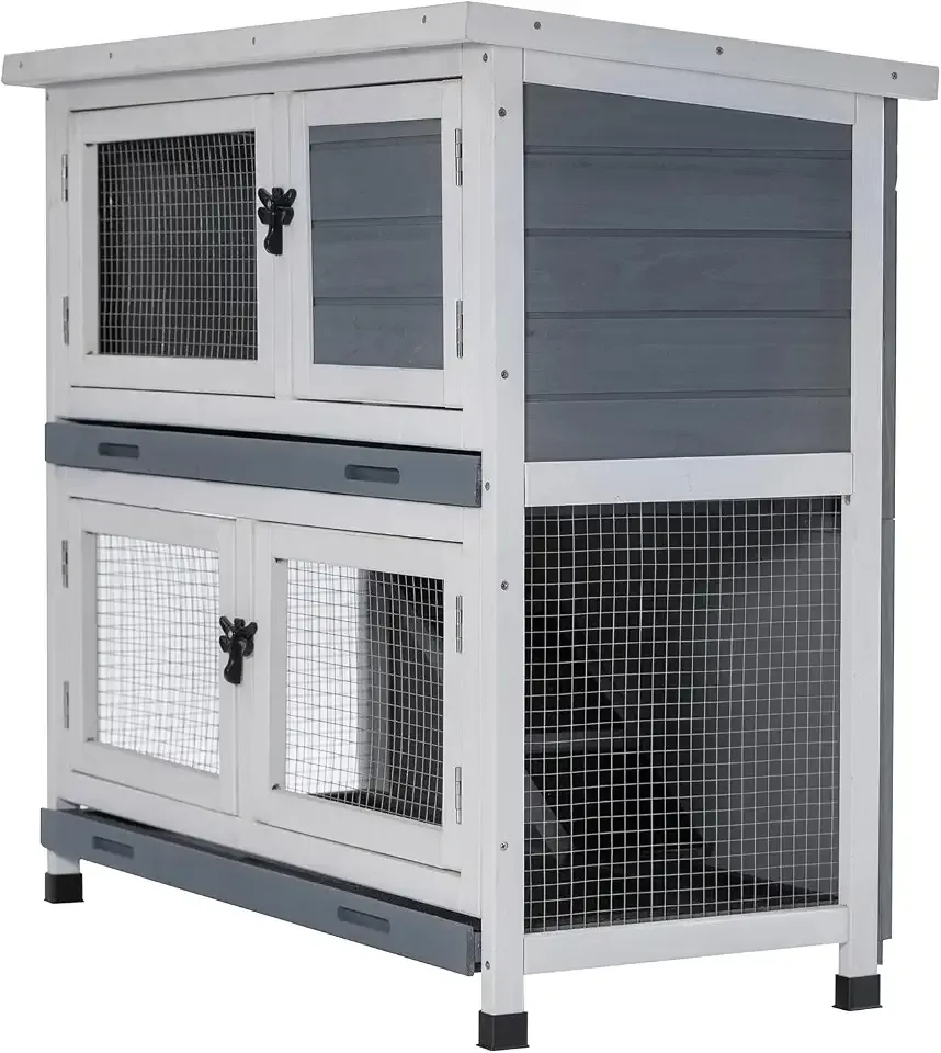2 Story Solid Wood Rabbit/Bunny Hutch with 2 Large Main Rooms, Indoor Outdoor Rabbit House Guinea Pig Cage Pet House for Small Animals with Ventilation Door Removable Tray Waterproof Roof (Grey)