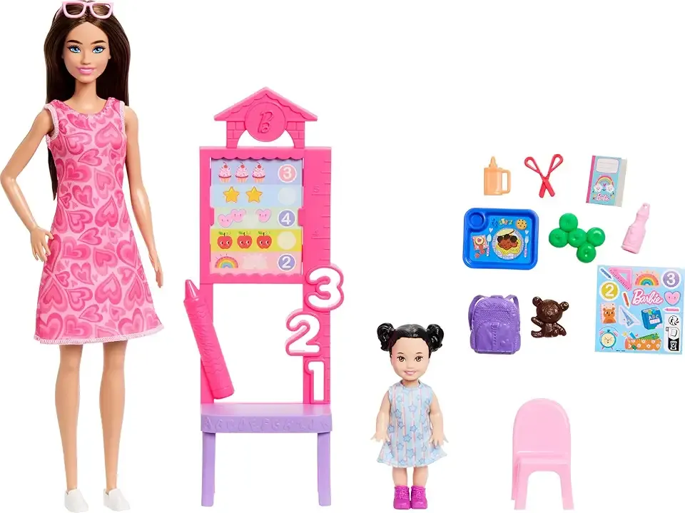 Careers Teacher Playset with Fashion Doll Wearing Removable Dress, Toddler Small Doll, Classroom Board & Accessories