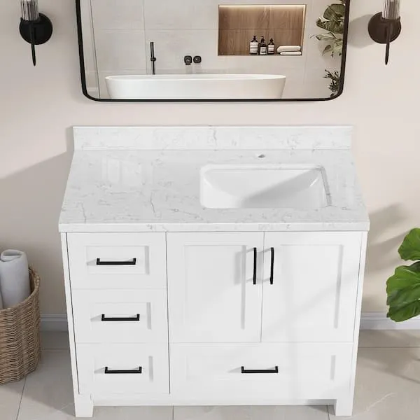 Zeafive Kar 42.​5 in.​ W x 22 in.​ D Engineered Stone White Rectangular Single Sink Bathroom Vanity Top in Carrara White