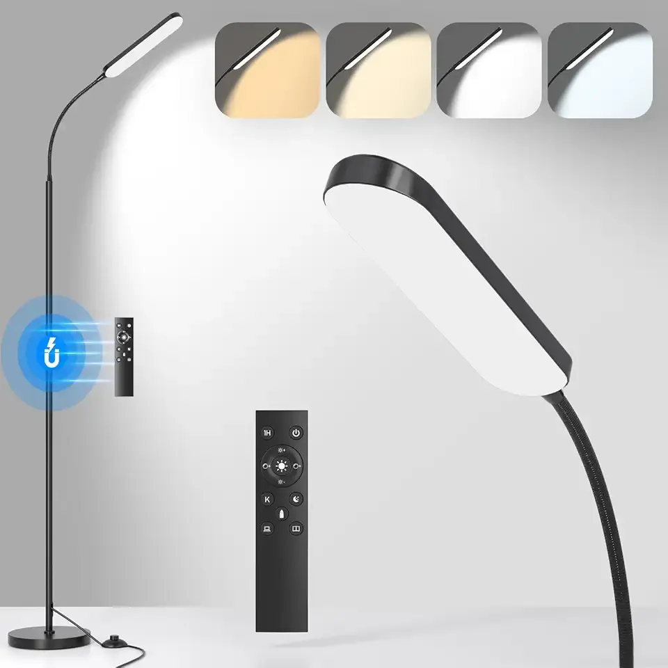 LED Floor Lamp with Remote Control Foot Switch for Living Room, Stepless Adjustable Colour Temperature Brightness Standing Lamp with Timer, Eye Caring Tall Lamp Reading for Bedroom,office, Gift