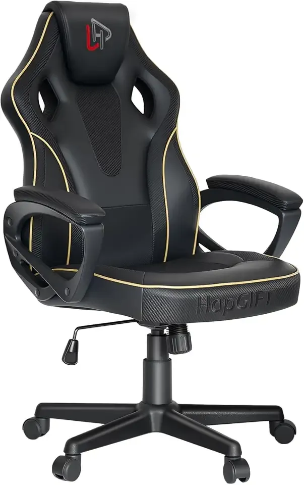 HapGIFT Gaming Chair, Ergonomic Computer Gaming Chairs with Link Armrest, PU Leather Video Game Chairs for Adults Teens, Height Adujustable Racing Style PC Chair for Home, 300LBS (BLACK)