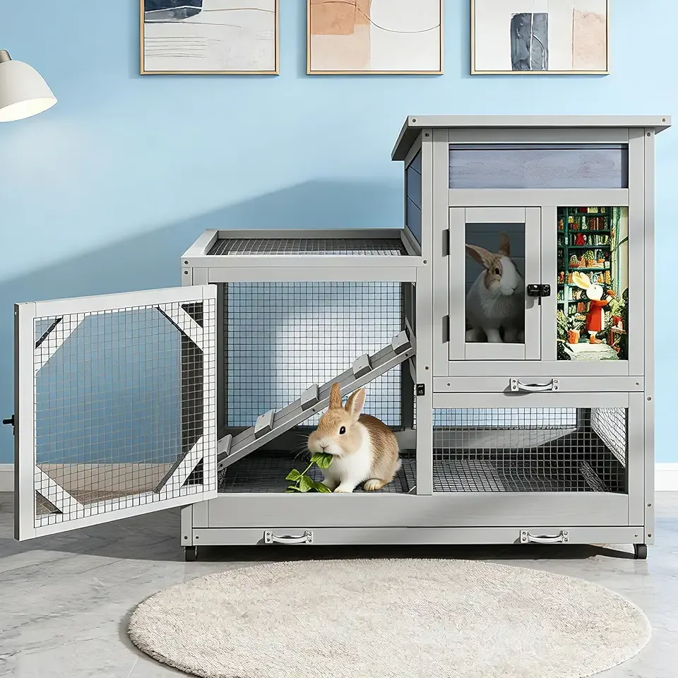 COZIWOW Rabbit Hutch Indoor Outdoor with No-Spill Design, 2 Wire Floors & Removable Trays, 2-Story Large Wooden Bunny Cage on Wheels, Chewproof Ramp for Multiple Small Animals, Gray