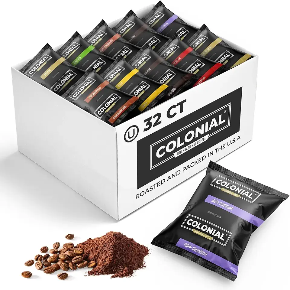 Colonial Coffee 32 Count Single Pot Coffee Packets – Assorted Variety Pack with Medium, Dark, & Decaf Roast Blends | Pre-Measured Frac Packs for 12 Cup Maker | Bulk Ground Gourmet Coffee for Home & Office