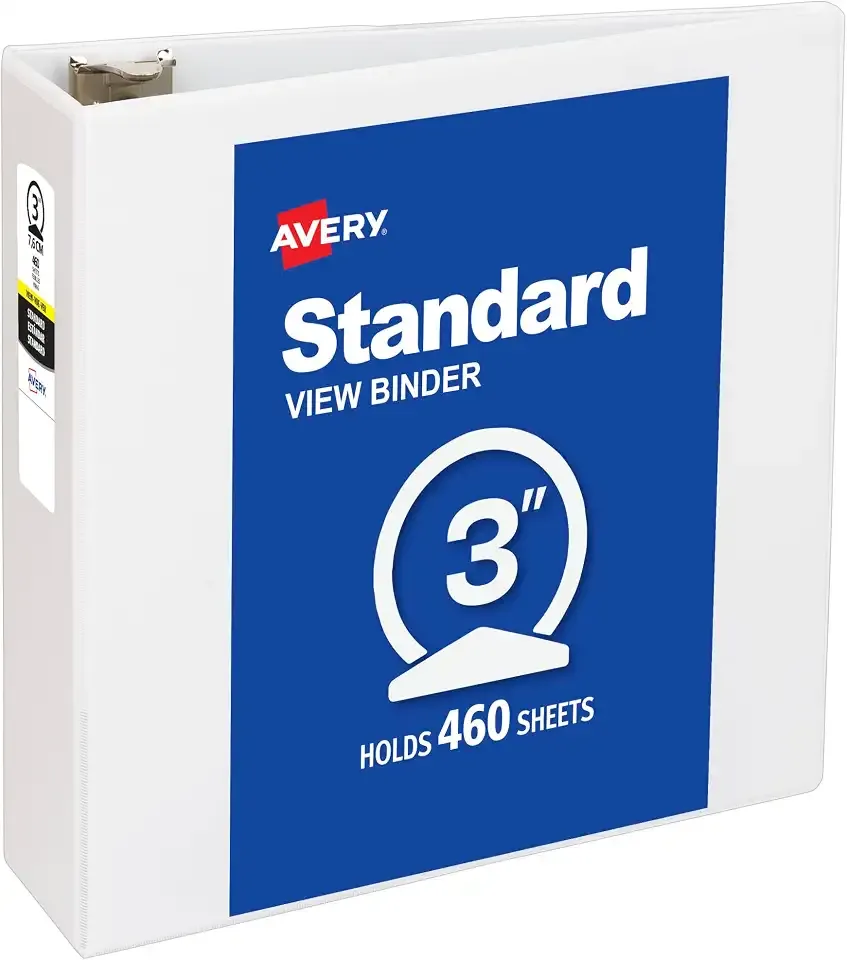 Avery Standard View 3 Ring Binder, 3" Round Rings, 460-Sheet Capacity, 3.5 Inch Wide Spine, 1 White Binder, Ideal for Lightweight Organization and Occasional Referencing (05741)