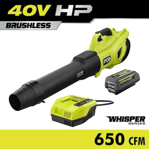 RYOBI 40V HP Brushless Whisper Series 160 MPH 650 CFM Cordless Battery Leaf Blower with 4.0 Ah Battery and Charger