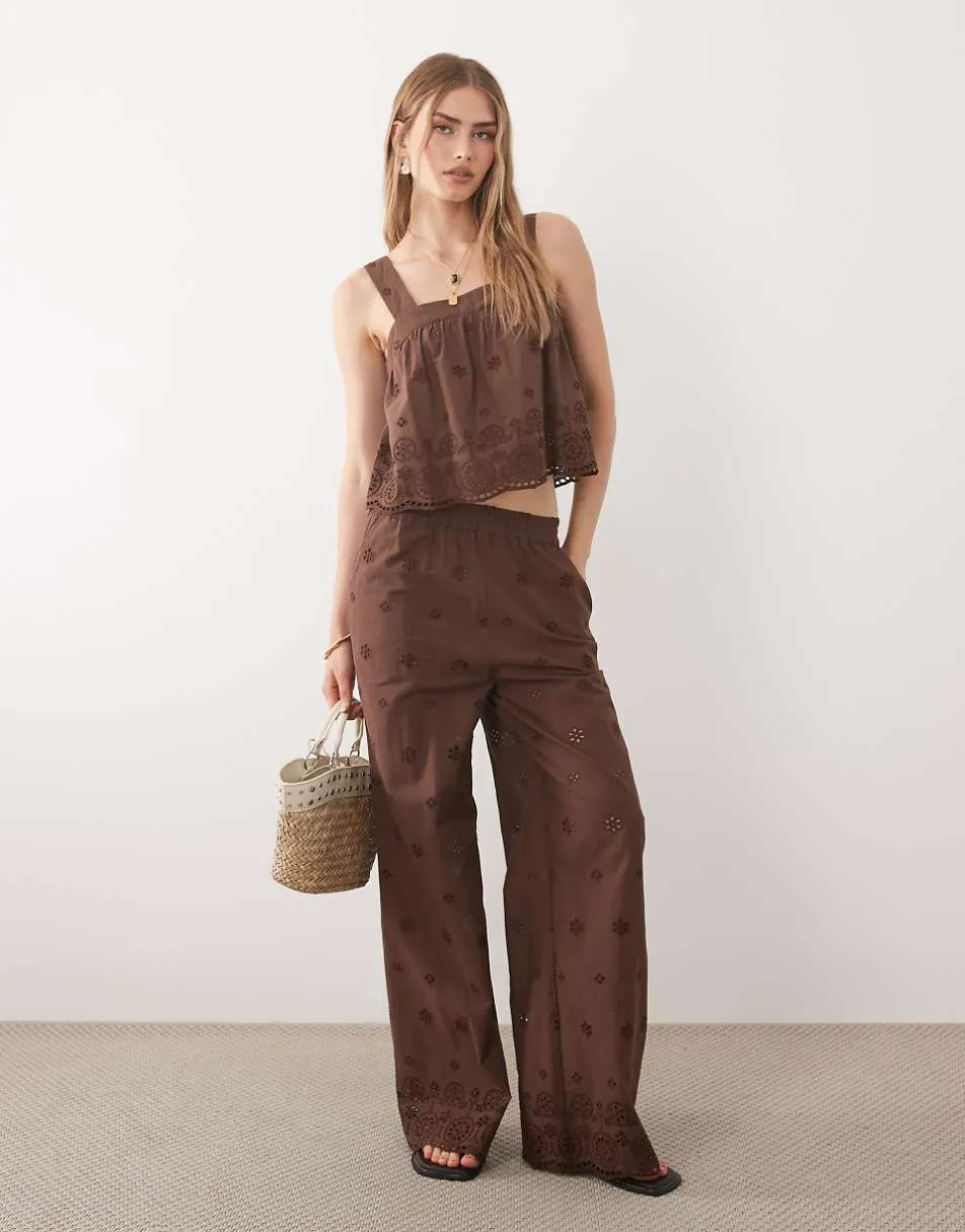 New Look co-ord broderie cami top and trousers in brown