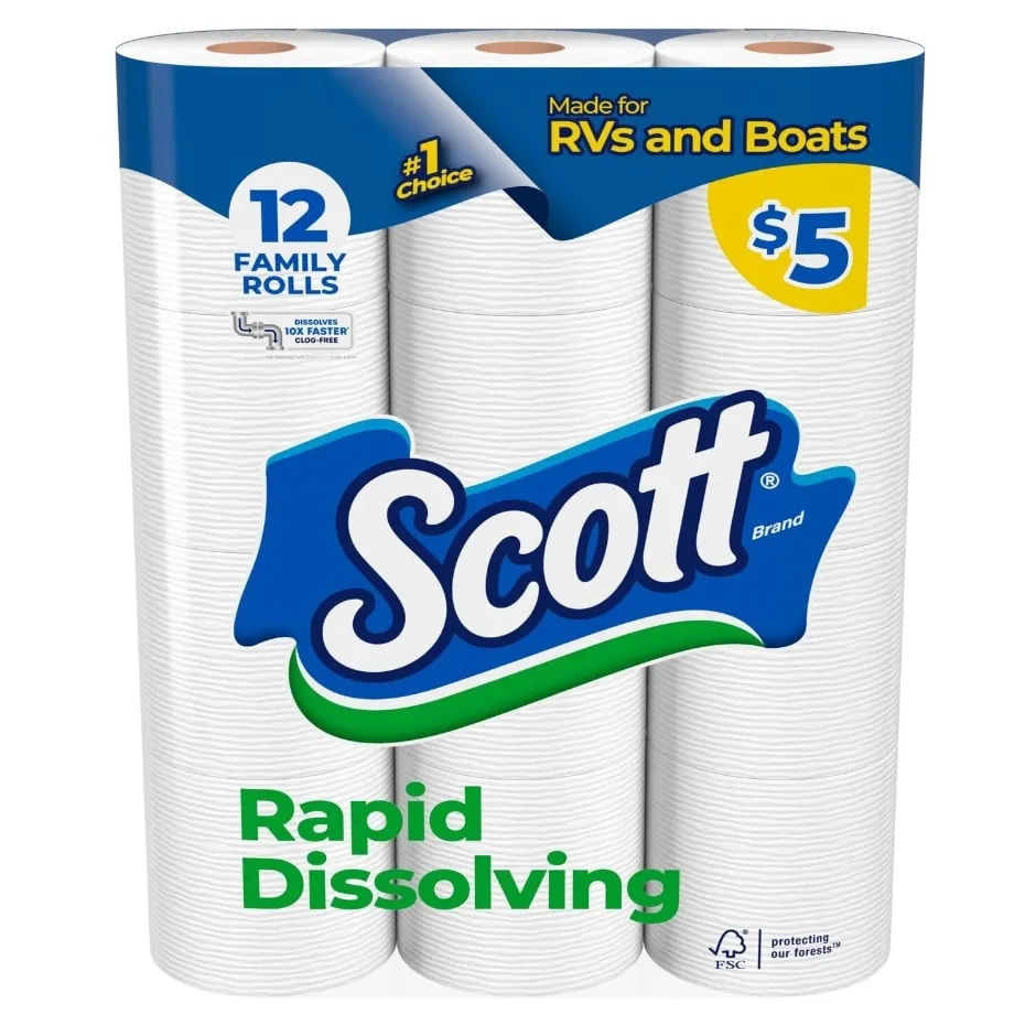 Scott Rapid-Dissolving Toilet Paper, 12 Family Rolls, Sustainable, Septic-Safe, Toilet Paper
