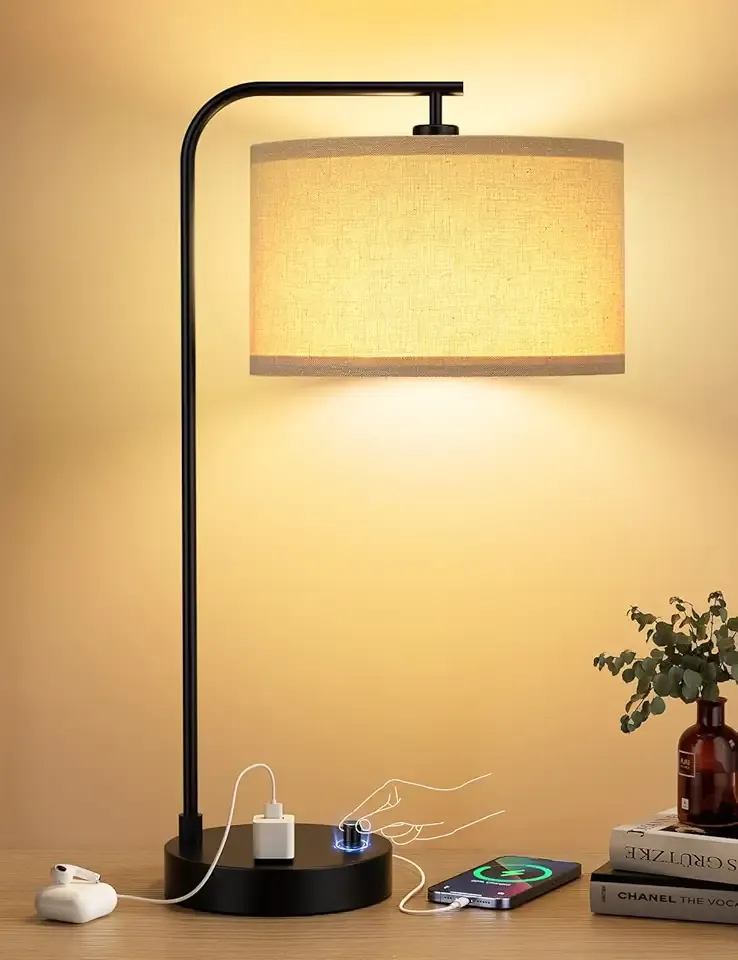 Innqoo Tall Table Lamp with USB Port and Outlet, Dimmable Nightstand Bedside Lamps with Linen Lampshade, Desk Lamp for Bedroom, Living Room, Guest Room, Home Office, LED Bulb Included