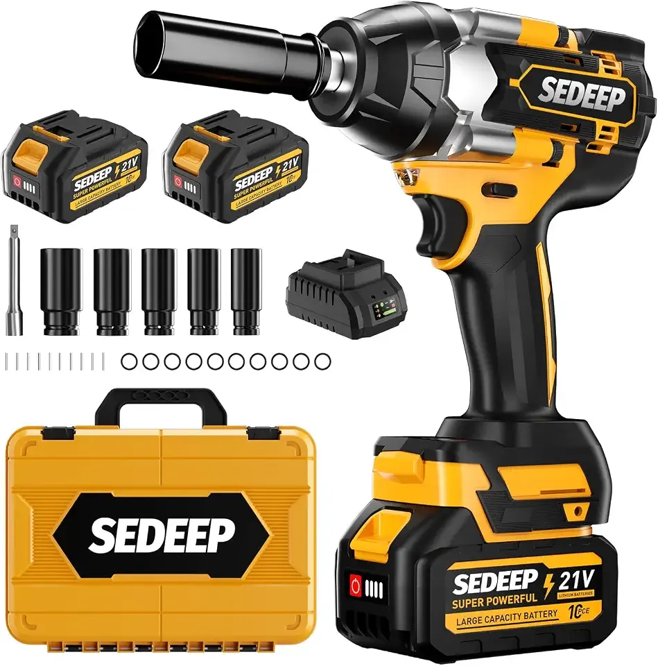 Impact Wrench 1/2 Inch, High Torque Impact Gun with 1500N·m(1100 Ft-lbs), 21V Brushless Electric Impact Wrench with 2 * 40Ah Battery, 5 Sockets for Car/Mower/Pickup/Truck RV(Amber yellow)