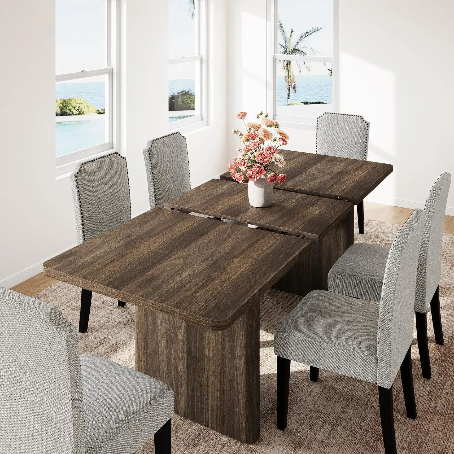 GarveeHome Rectangular 63"-82.7" Extendable Dining Table with Round Corner | Spacious, Sturdy, Stable, Farmhouse, Scratch-Resistant, Durable, Easy to Assemble, Matches Any Chair Style, Sturdy Base