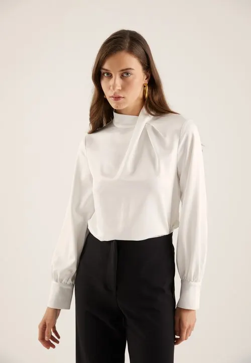 LONG SLEEVES SATIN KNOT NECK BLOUSE - Bluse - white