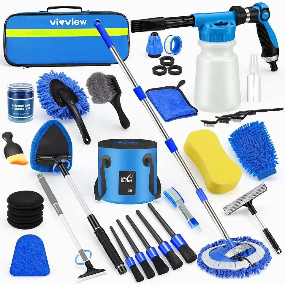 36Pcs Blue Car Wash Detailing Kit,Car Cleaning Set with Foam Gun Sprayer,Long-Handle Brush Mop,Large Collapsible Bucket,Complete Car Wash Supply Gift for Men and Women