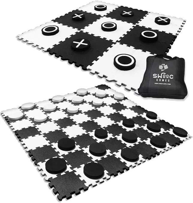 Swooc Games® - 2-in-1 Premium Giant Checkers & Tic Tac Toe Game (4ft x 4ft) - 100% High Density EVA Foam Mat & Pieces - Extra Large Checkers Set with…