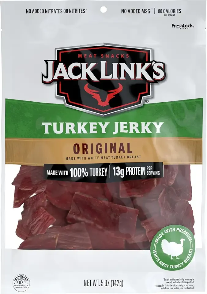 Jack Link's Turkey Jerky, Original, Jerky Bag - Flavorful Snack, Ready to Eat Protein Snacks with 13g of Protein per Serving, Made with 100% Turkey, Keto Friendly - 5 Oz.