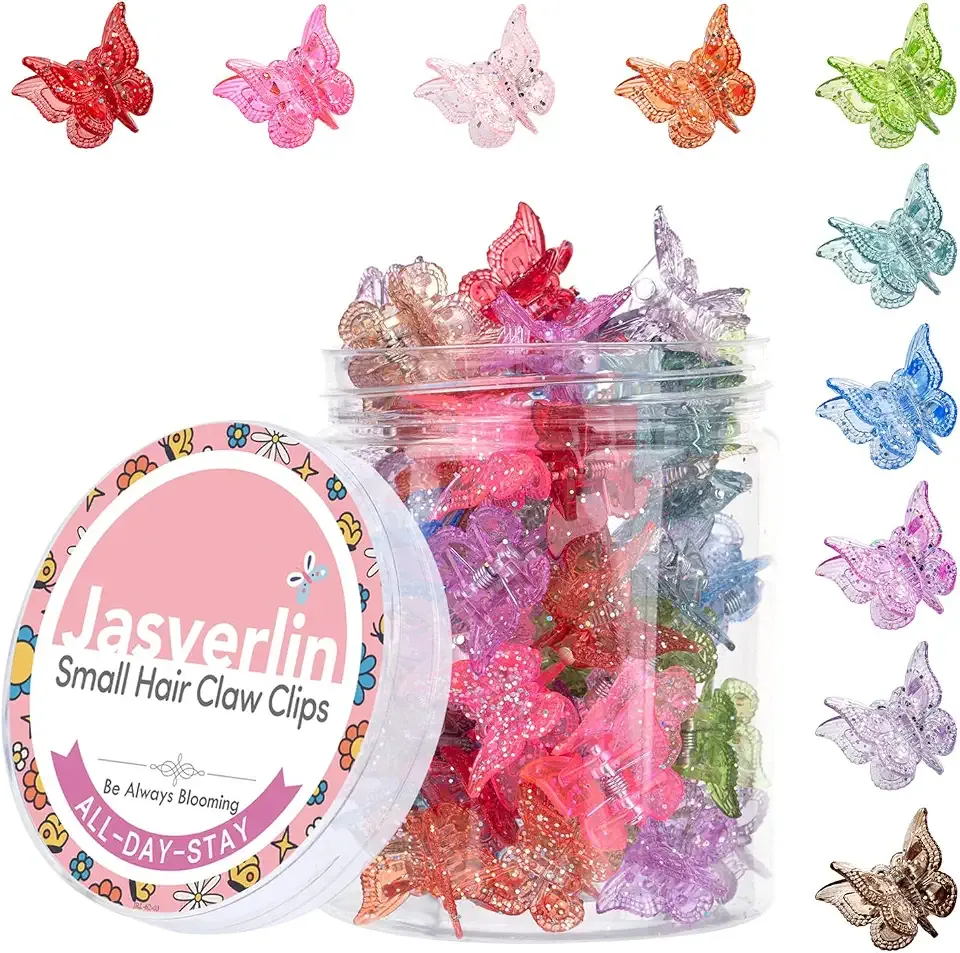 JASVERLIN Glitter Mini Butterfly Hair Claw Clips, Sparkly Colorful Hair Accessories for Girls and Women - 90s Y2K Cute, Small, Tiny Clip in 10 Assorted Colors, Set of 50 (Glitter)