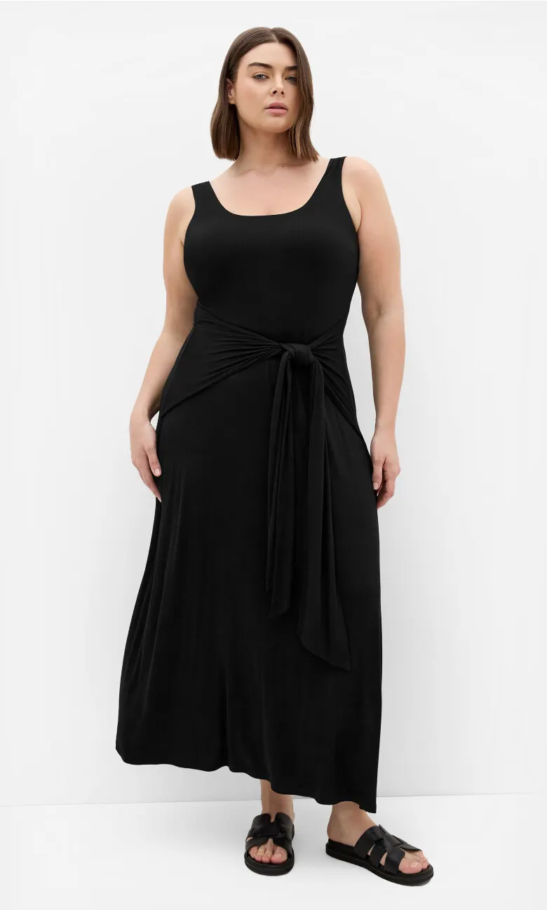Drape Waist Tie Maxi Dress - black