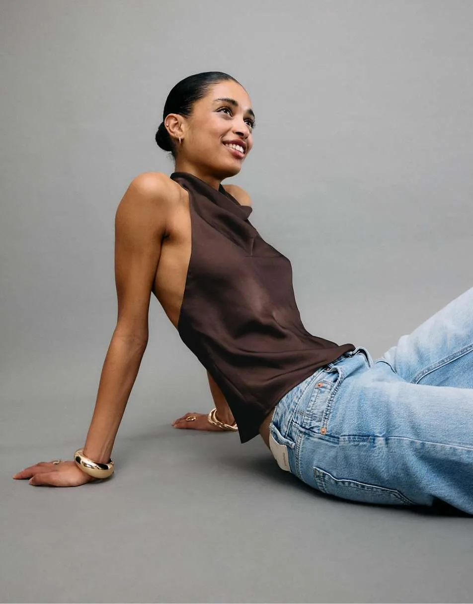 Stradivarius Satin effect halter top in brown