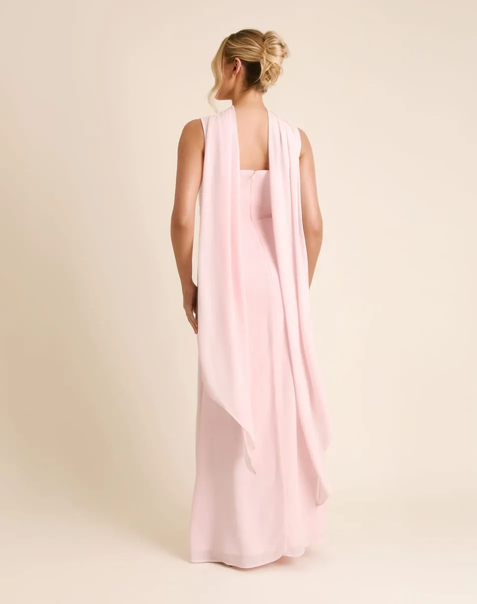 Six Stories Bridesmaid crepe square neck maxi dress with scarf neck in light pink
