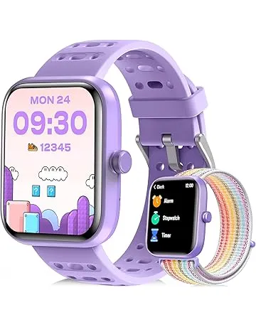 Kids Smart Watch for Girls Boys, Smart Watch for Kids with Health Monitor, Activities Track & Pedometer, Long-lasting Kid's Watches with Reminders & Puzzle Games, Gifts for Children-Purple(2 Bands)