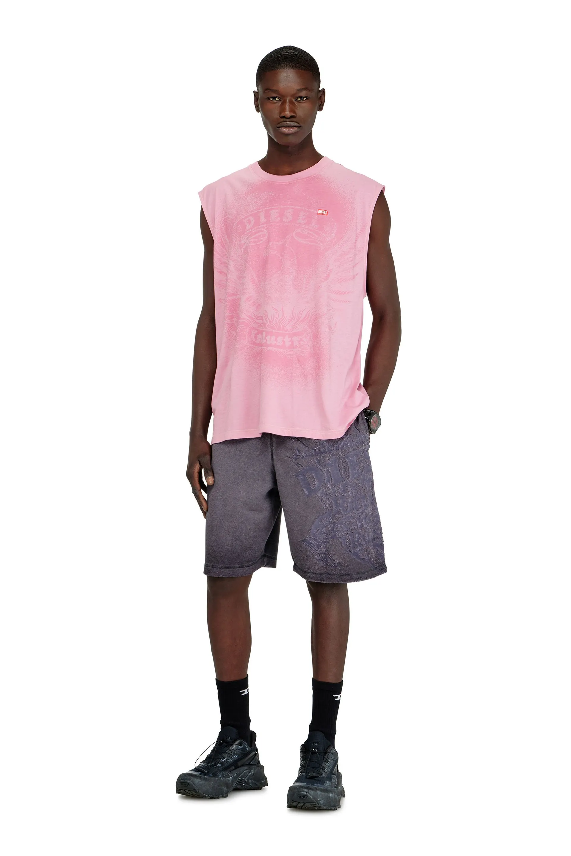 Sleeveless top in cotton with tonal graphic