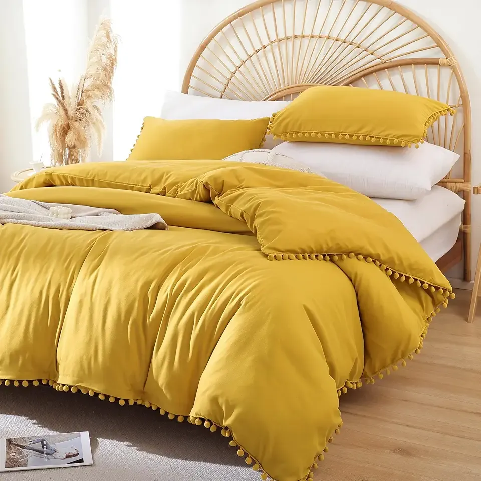 YIRDDEO King Size Comforter Set - King Size Comforter with Ball Pom Fringe, Soft King Bedding Set for All Seasons - 3 Pieces, 1 Comforter (104"x90"inches) & 2 Pillow Shams(20"x36"), Mustard Yellow