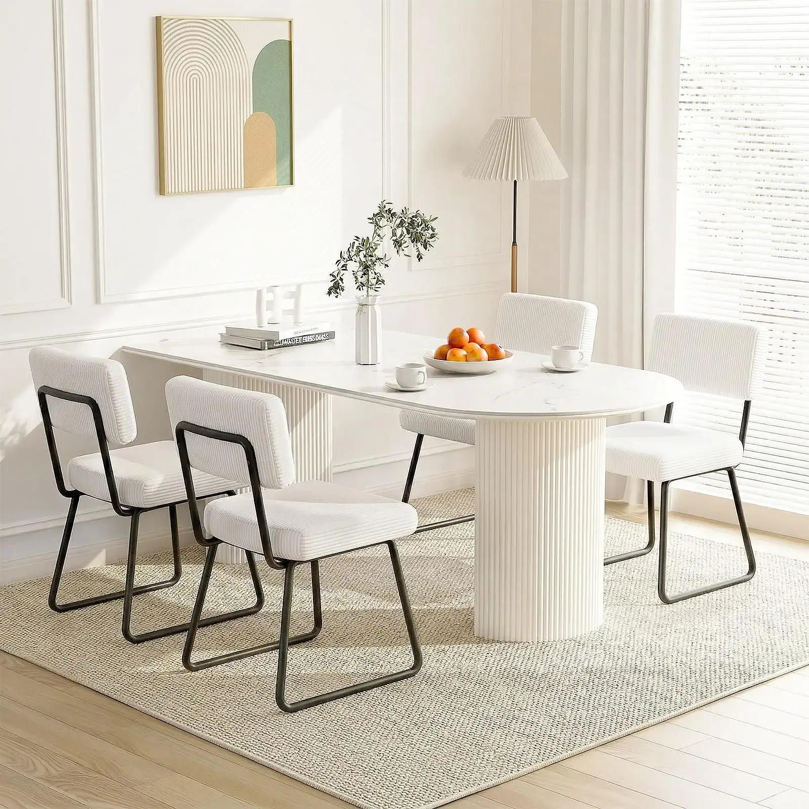 Velvet Dining Chairs Set of 4, Upholstered Dining Room Kitchen Chair with Thick Cushion, Soft Backrest, Metal Legs, Mid Century Modern Accent Side Chair for Home Living Room Bedroom, White