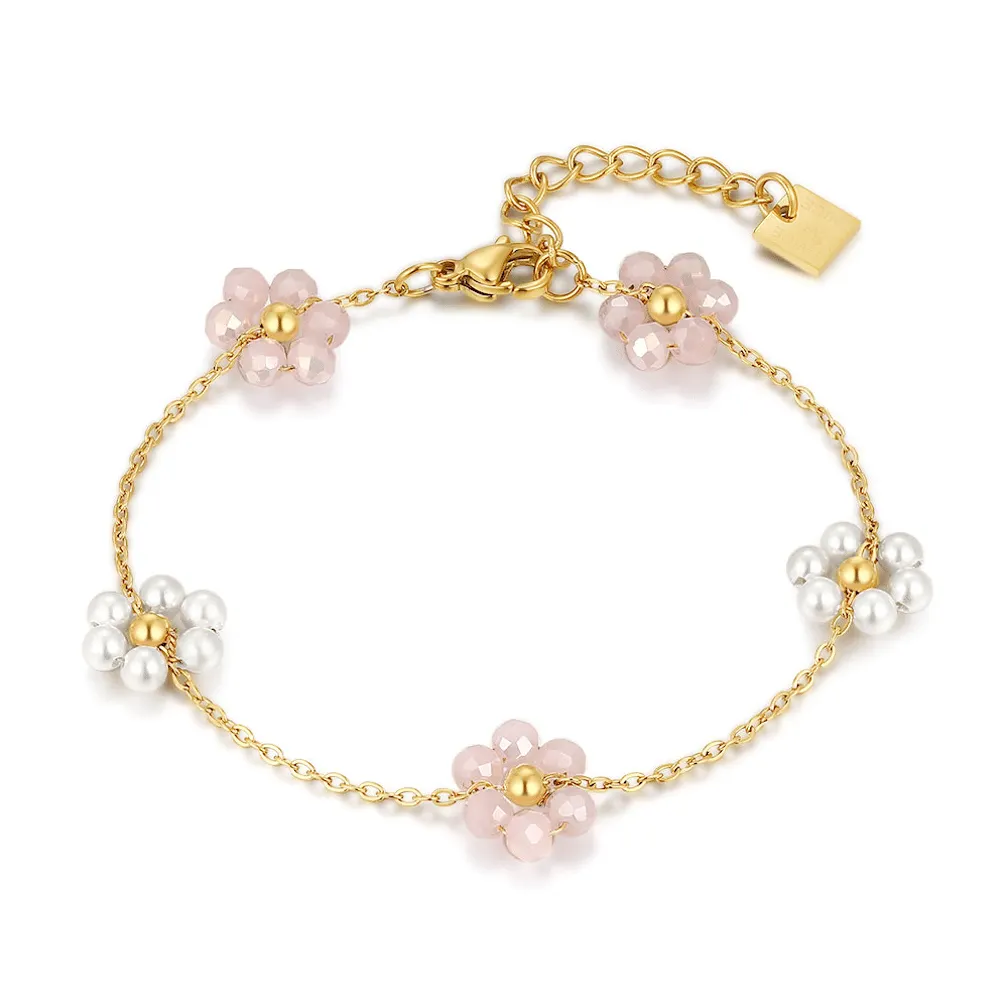 Armband in edelstaal, bloemen met parels