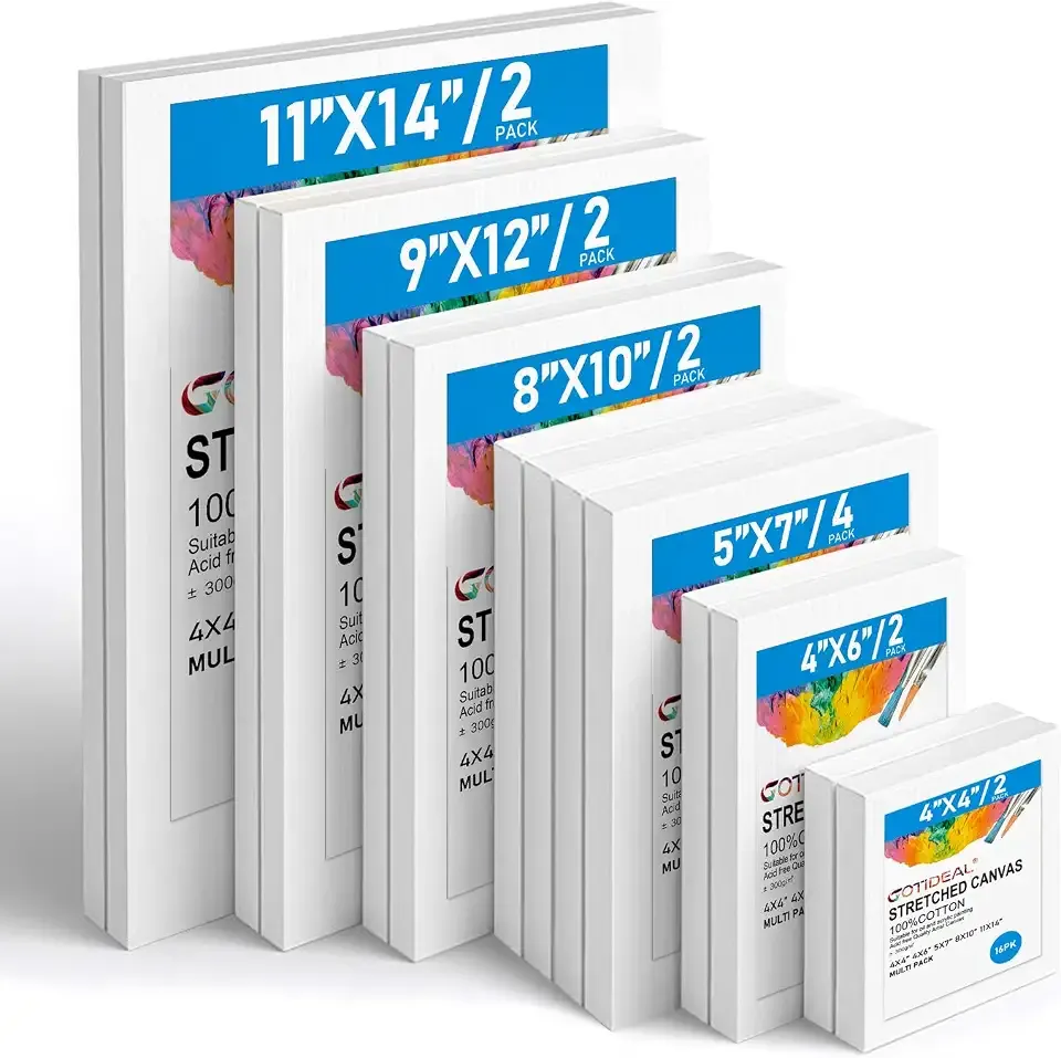 Gotideal Canvas for Painting, 14 Pcs Muti Pack Stretched Painting Canvas, Blank Paint Canvases for Acrylic, Oil, Art Supplies for Artists, Adults 4x4,4x6, 5x7, 8x10,9x12, 11x14 Set of 14