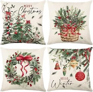 Fundas de cojín navideñas de 45 x 45 cm, fundas de cojín para sofá con estampado digital, juego de 4 fundas de almohada de lino suave.