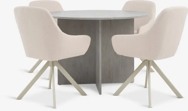 KRONDAL + ROSTRUP KRONDAL Ø110 tafel travertijn + 4 ROSTRUP stoelen beige