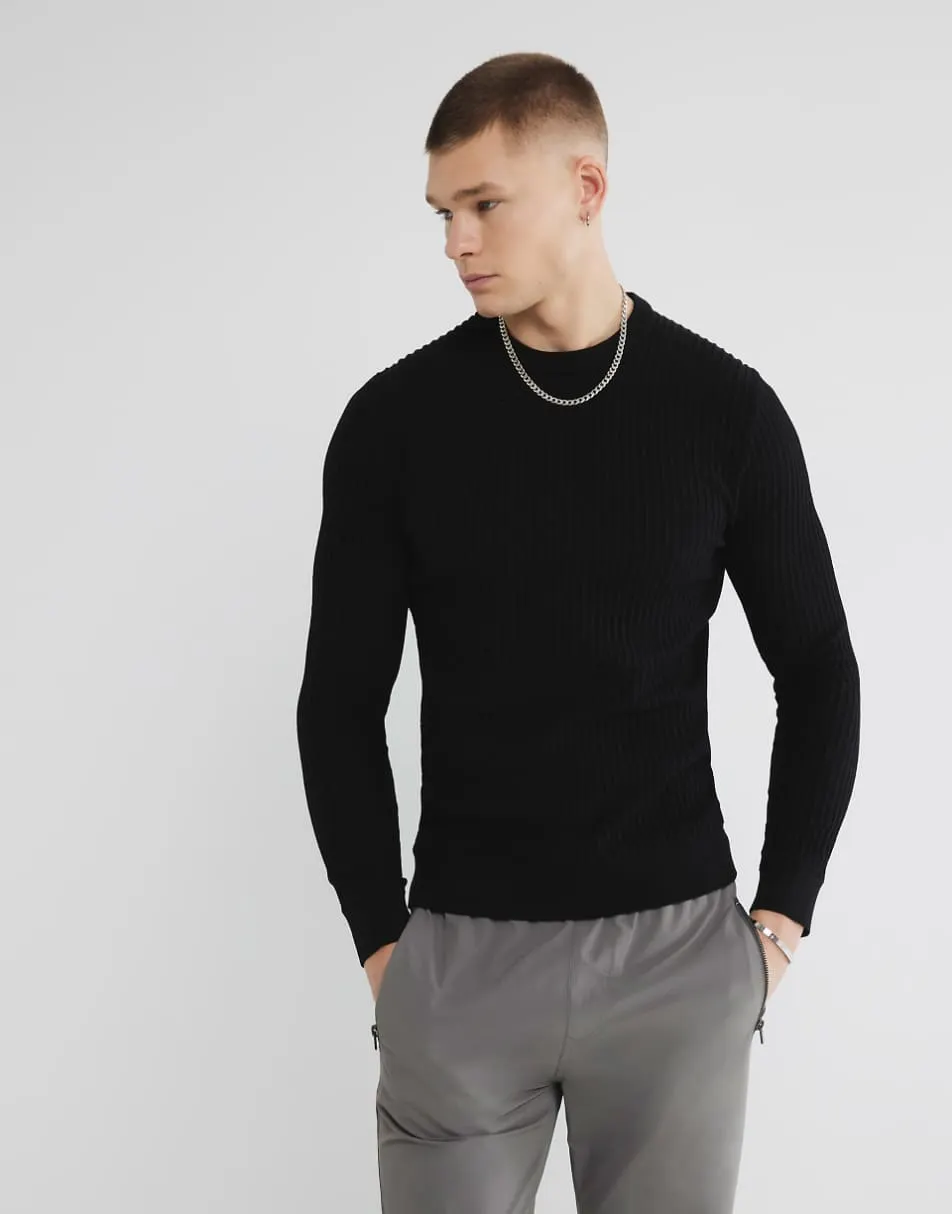 River Island Muscle fit textured jumper in black