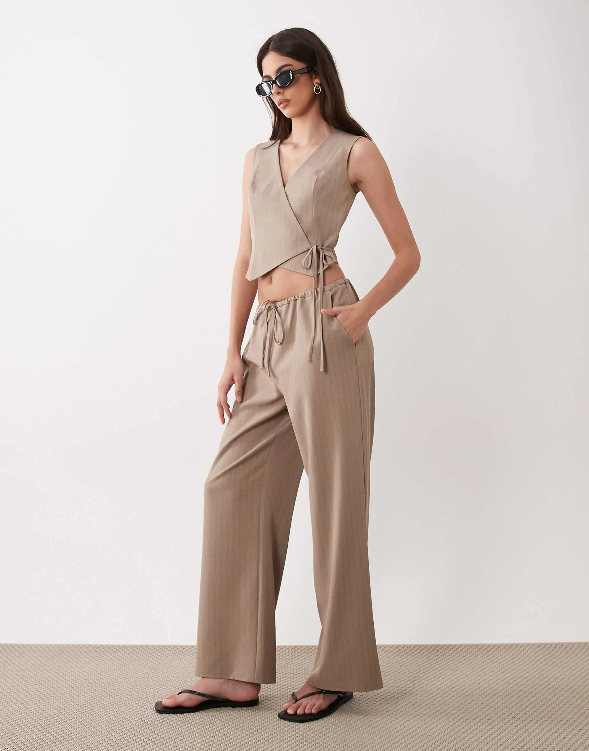Miss Selfridge tailored pull on trouser co-rd in neutral pinstripe