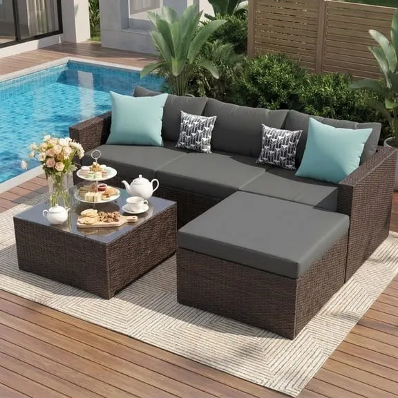 In 200+ people's carts UDPATIO 5-Piece Patio Furniture Set,Outdoor Patio Furniture Set All-Weather Rattan Wicker Patio Conversation Set with Ottoman, Cushions & Glass Table for Garden & Backyard, Gray