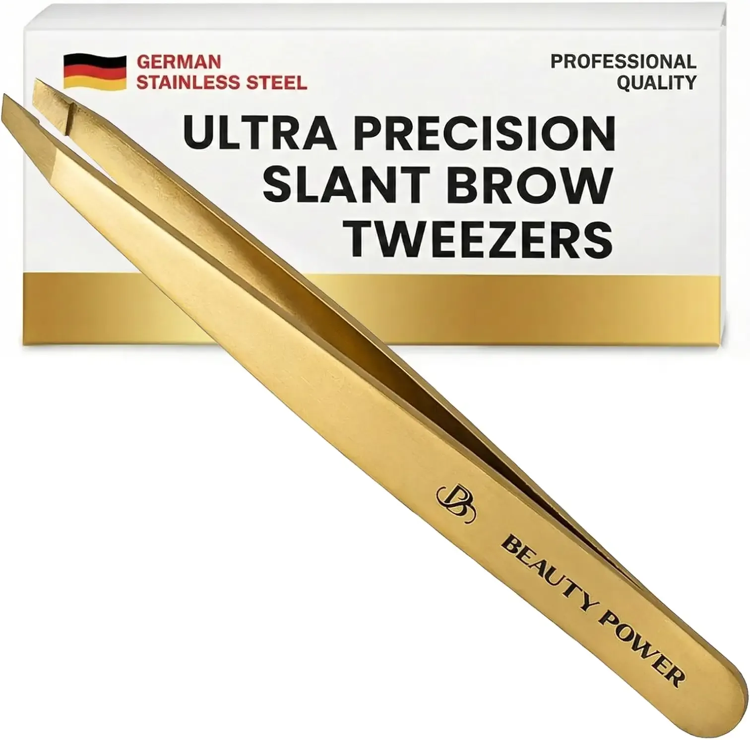 Beauty Power Tweezers for Women Facial Hair: Ultra Precision Tweezers for Women & Men, Sharp Slant Tweezer for Eyebrows, Ingrown Hair Removal. Professional Plucker + Case, German Stainless Steel Gold