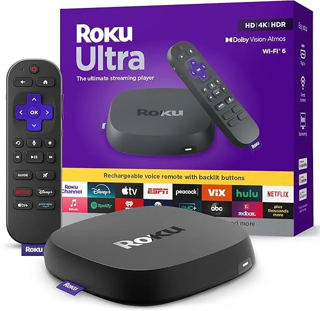 Roku Ultra - Ultimate Streaming Player - 4K Streaming Device for TV with HDR10+, Dolby Vision & Atmos - Bluetooth & Wi-Fi 6- Rechargeable Voice Remote Pro with Backlit Buttons - Free & Live TV