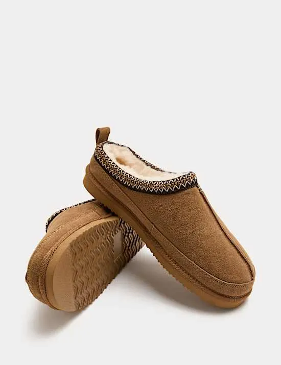 Suede Collared Embroidered Mule Slippers
