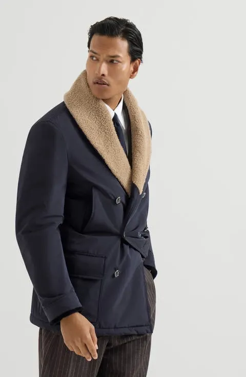 Bonded nylon double-breasted coat with shearling lining