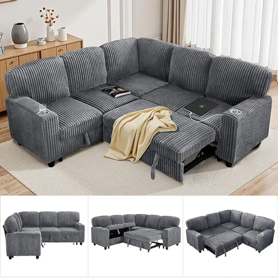 81" Modular Sectional Sofa, Pull Out Couch L Shaped 5-Seater Sectional with Hidden Storage, Cup Holders & USB Charging Ports for Living Room (Corduroy, Grey)