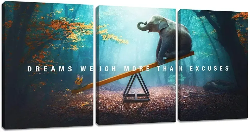 Unbruvo Elephant Wall Art for Office, Motivational Inspirational Canvas Wall Art, 3 Pieces Elephant Painting Prints Wall Decor for Living Room Bedroom Classroom Dorm(36”Wx16”H)