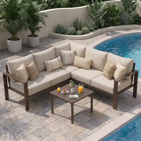 Poteban 6-Piece L-Shaped Outdoor Conversation Set, Metal Sectional Sofa with 6" Thick Olefin Cushions, Wide Armrests & Coffee Table, Beige for Garden Backyard