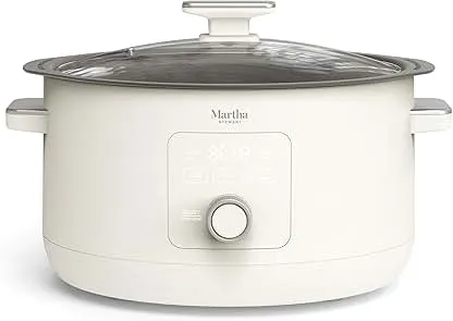 Martha Stewart 8 QT Slow Cooker, Programmable with Timer, 3 Heat Settings (Low, High, Warm), Nonstick Ceramic Removable Crock, Stovetop & Oven Safe, Glass Lid, Simmer, Reheat, Warm, Linen Martha Stewart 8 QT Slow Cooker, Programmable with T…