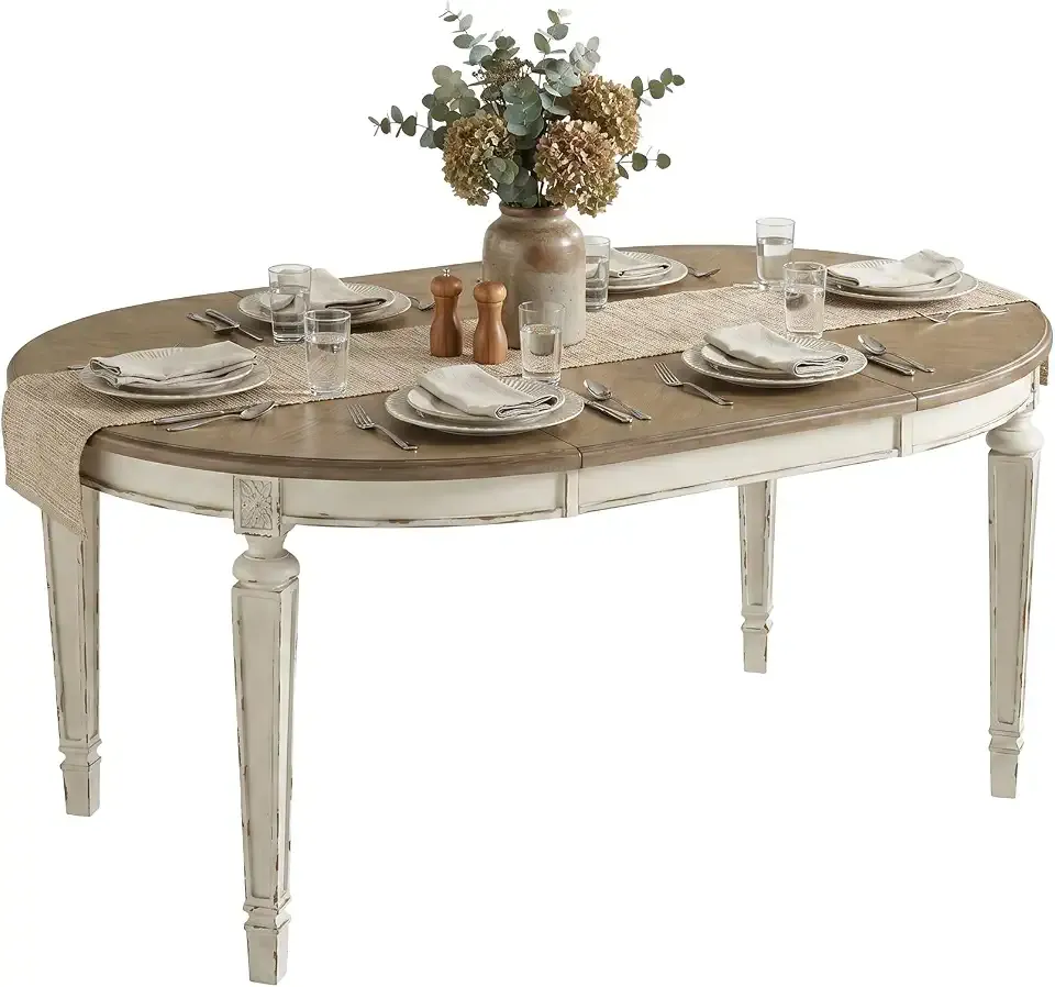 Signature Design by Ashley Extendable Round to Oval Dining Table, White | Seats 4 to 6 with a 24-inch drop-in leaf, Durable antiqued veneers, wood and engineered wood construction, Realyn Series