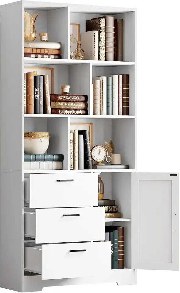 IRONCK Bookshelf with Drawers, 70.9 inch Tall Bookcase with Doors, Bookshelves and Bookcases with Storage, Bookshelf with 6 Open Cubes for Home Office, Living Room, Study, White