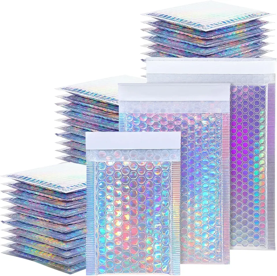 50 Pack Bubble Mailers, Holographic Bubble Mailers with 3 Sizes, Waterproof Self Seal Adhesive Foil Glitter Glamour Shipping Bags for Mailing, Packing, Small Business, Jewelry Makeup Supplies