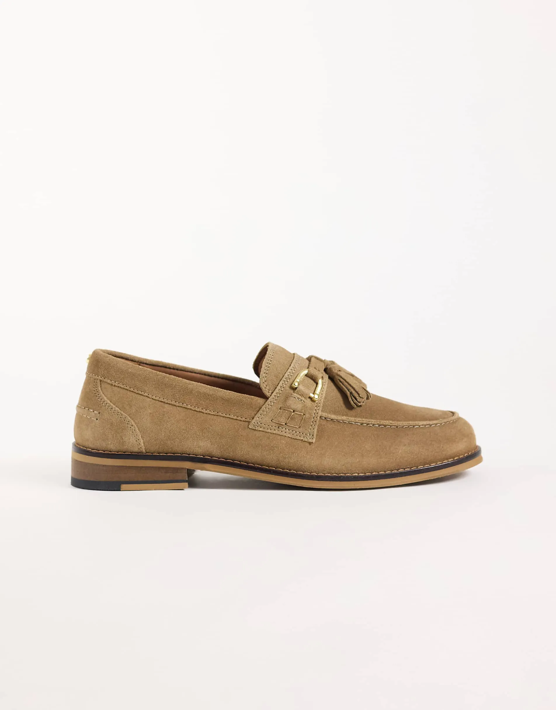 ASOS DESIGN loafers in taupe suede with gold hardware